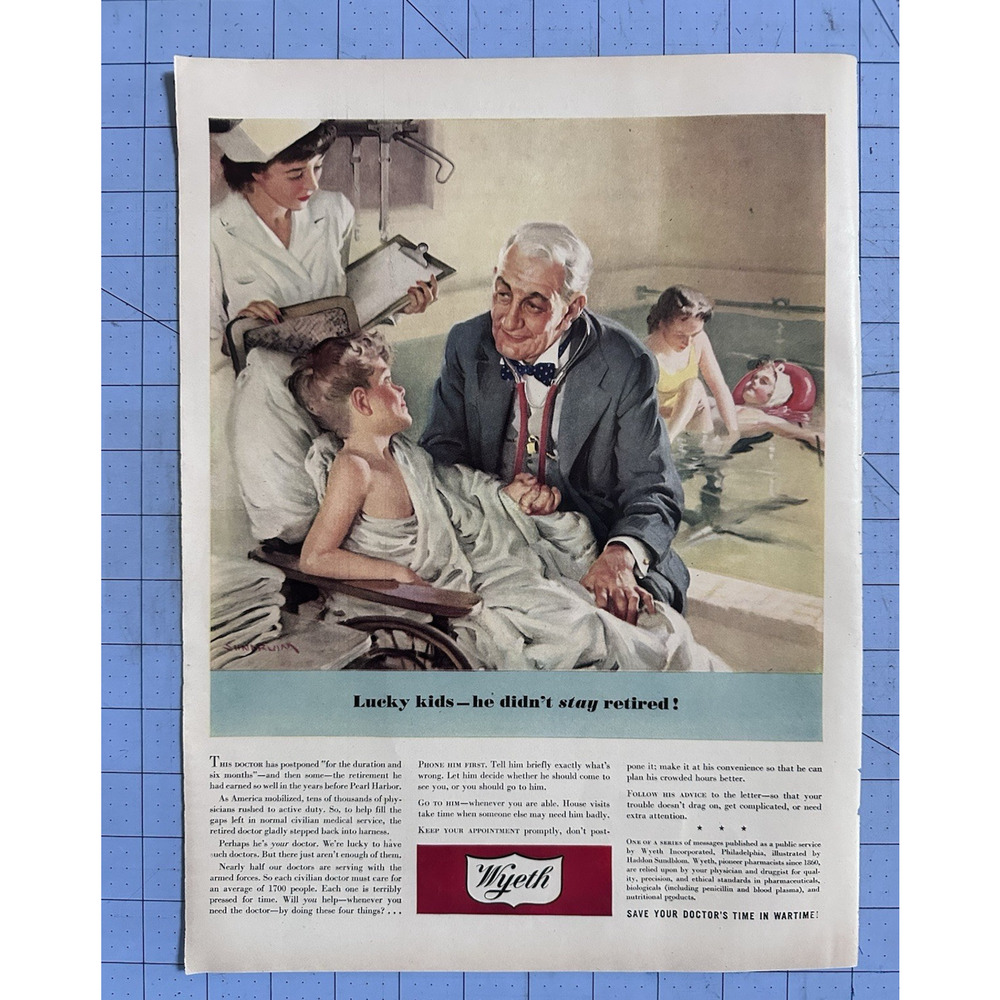 VTG 1943 Orig Magazine Ad PHARMA Wyeth Lucky Kids He Didn't Stay Retired